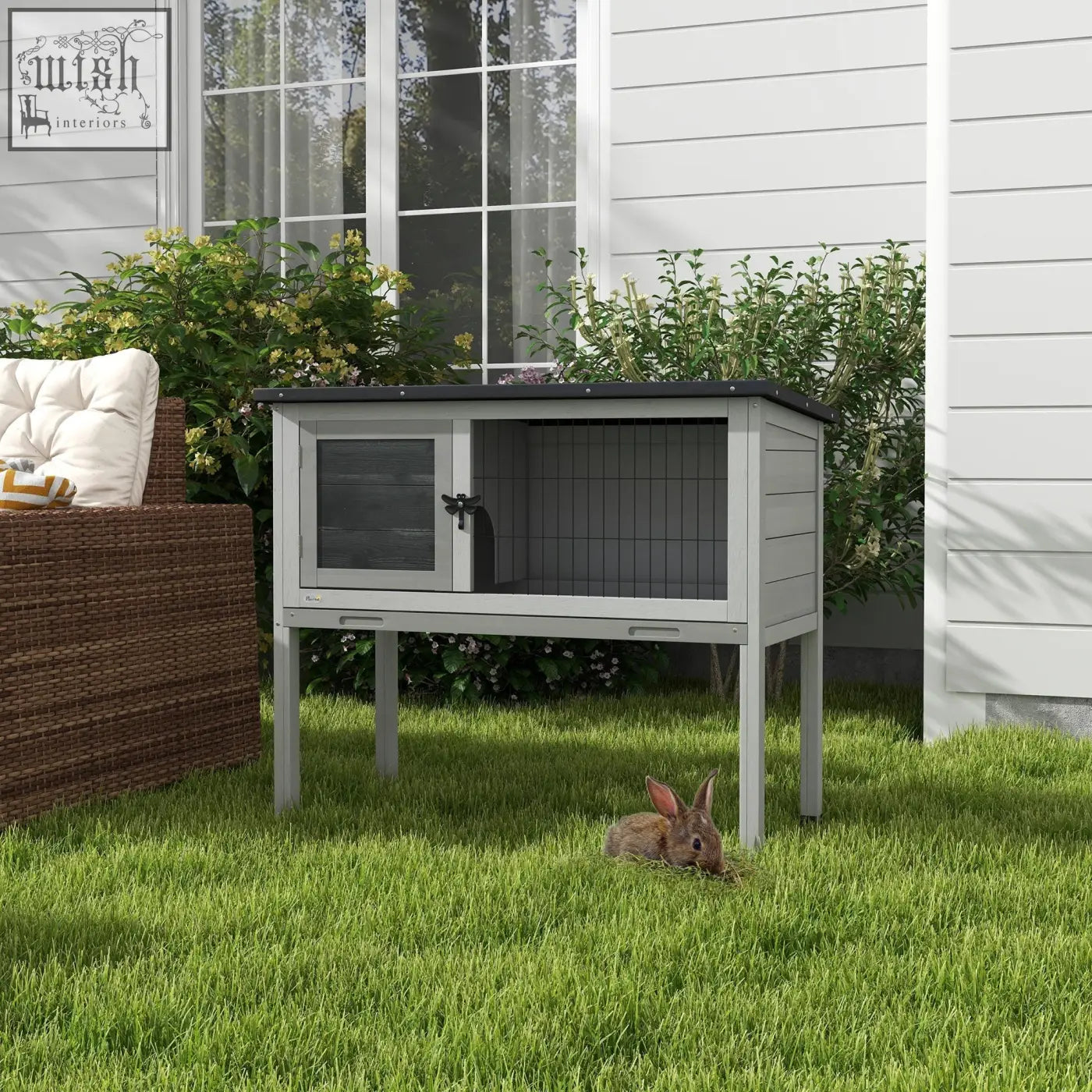 Gray wooden guinea pig hutch with black asphalt roof and glass door for small animals by PawHut