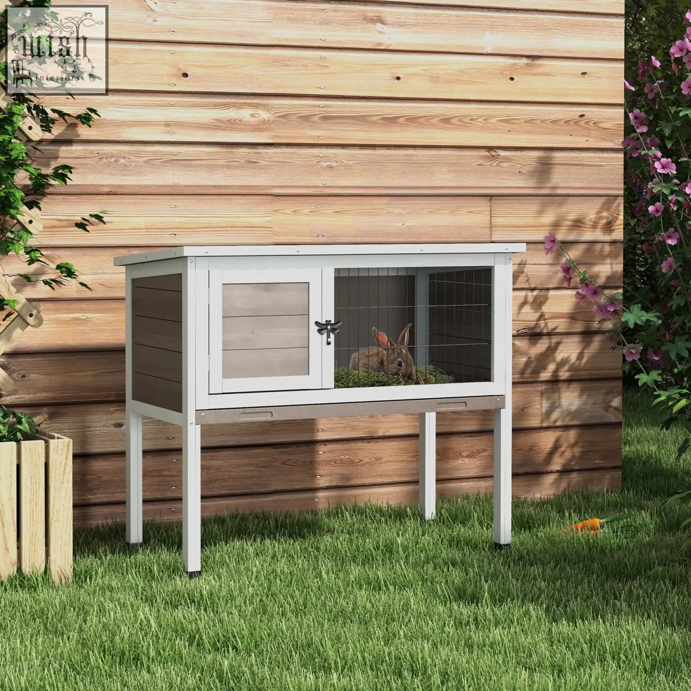 White wooden guinea pig hutch with glass door, wire mesh sides, small black latch, and openable asphalt roof