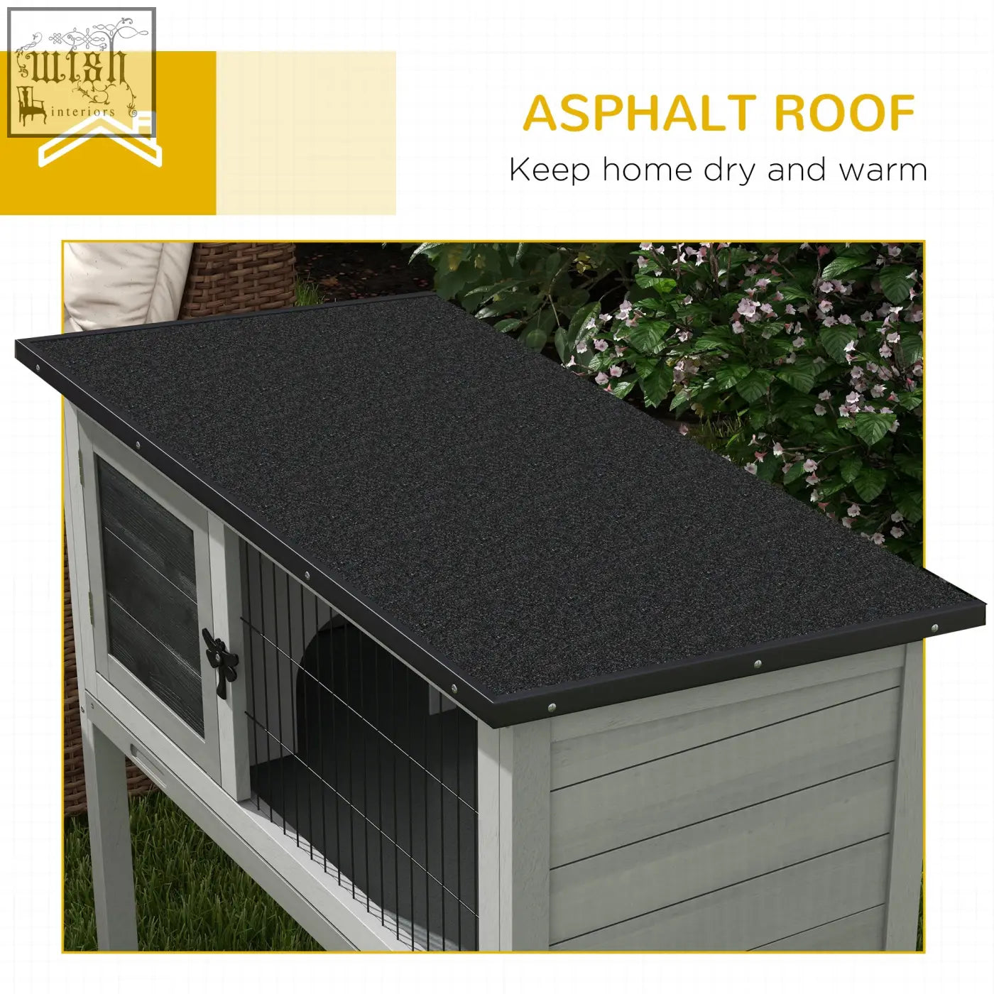 Pawhut wooden guinea pig hutch with gray wooden sides, glass door, and black asphalt roof for small animals