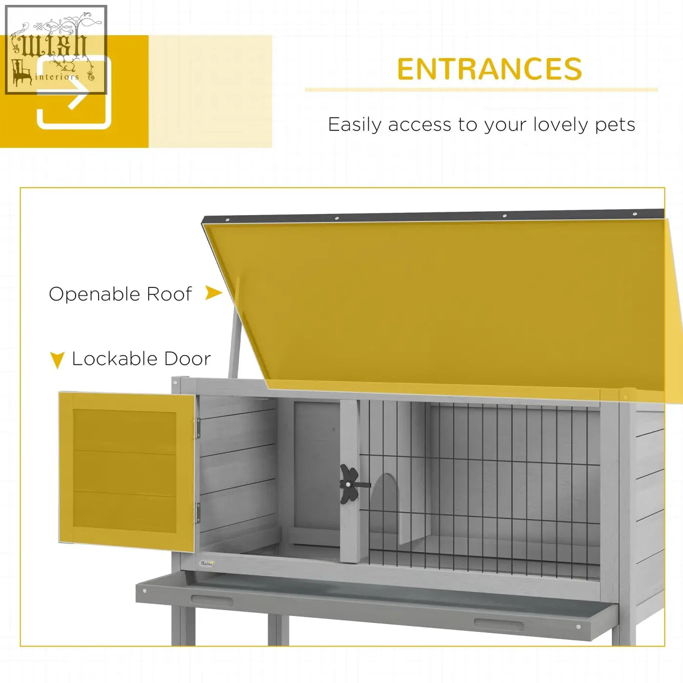 Yellow and gray pawhut wooden guinea pig hutch with openable asphalt roof and lockable door for small animals