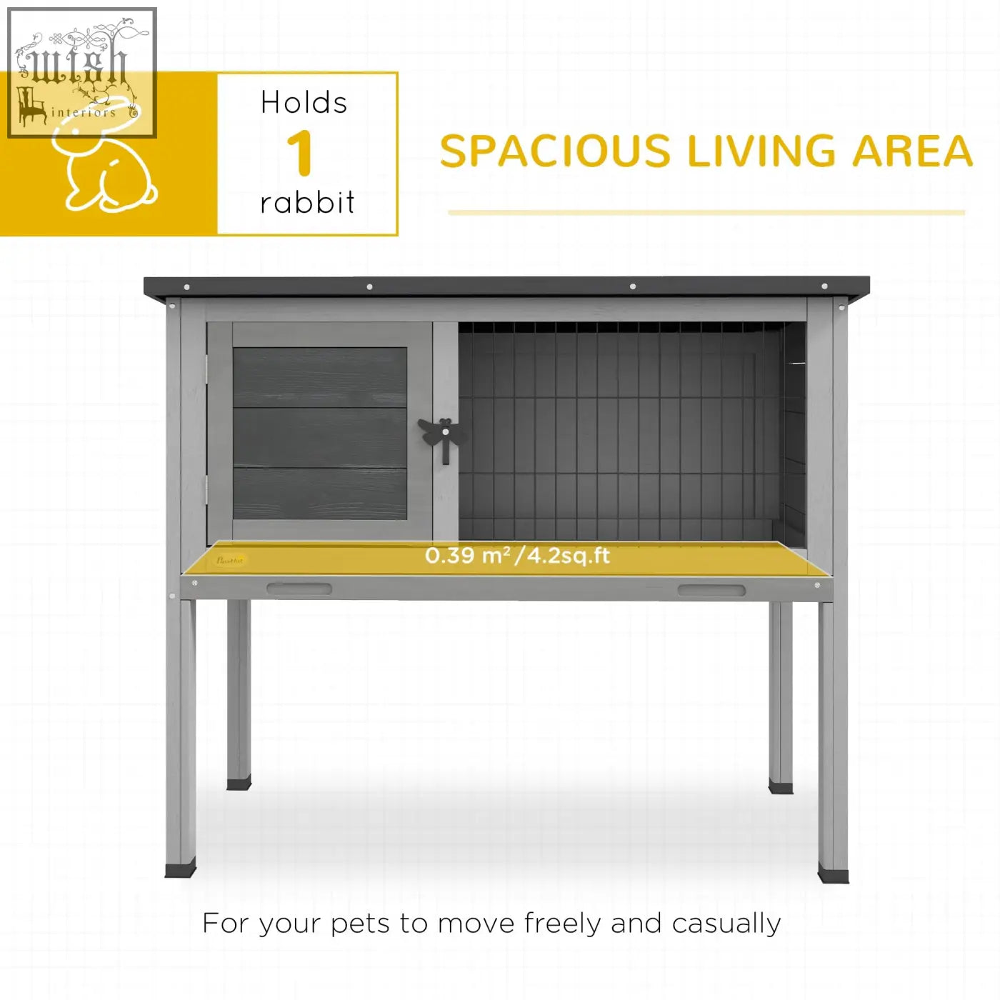 Gray metal guinea pig hutch with black wire mesh, yellow accents, and openable asphalt roof for small animals