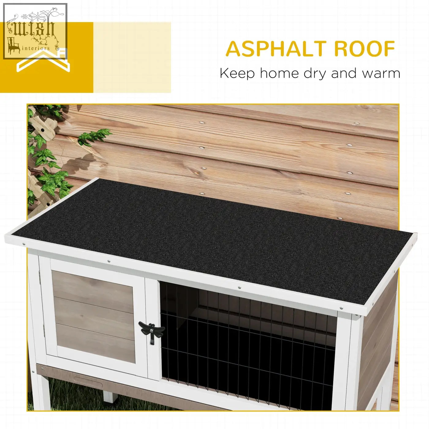 White wooden guinea pig hutch with black asphalt roof and glass-paneled door for small animals by pawhut