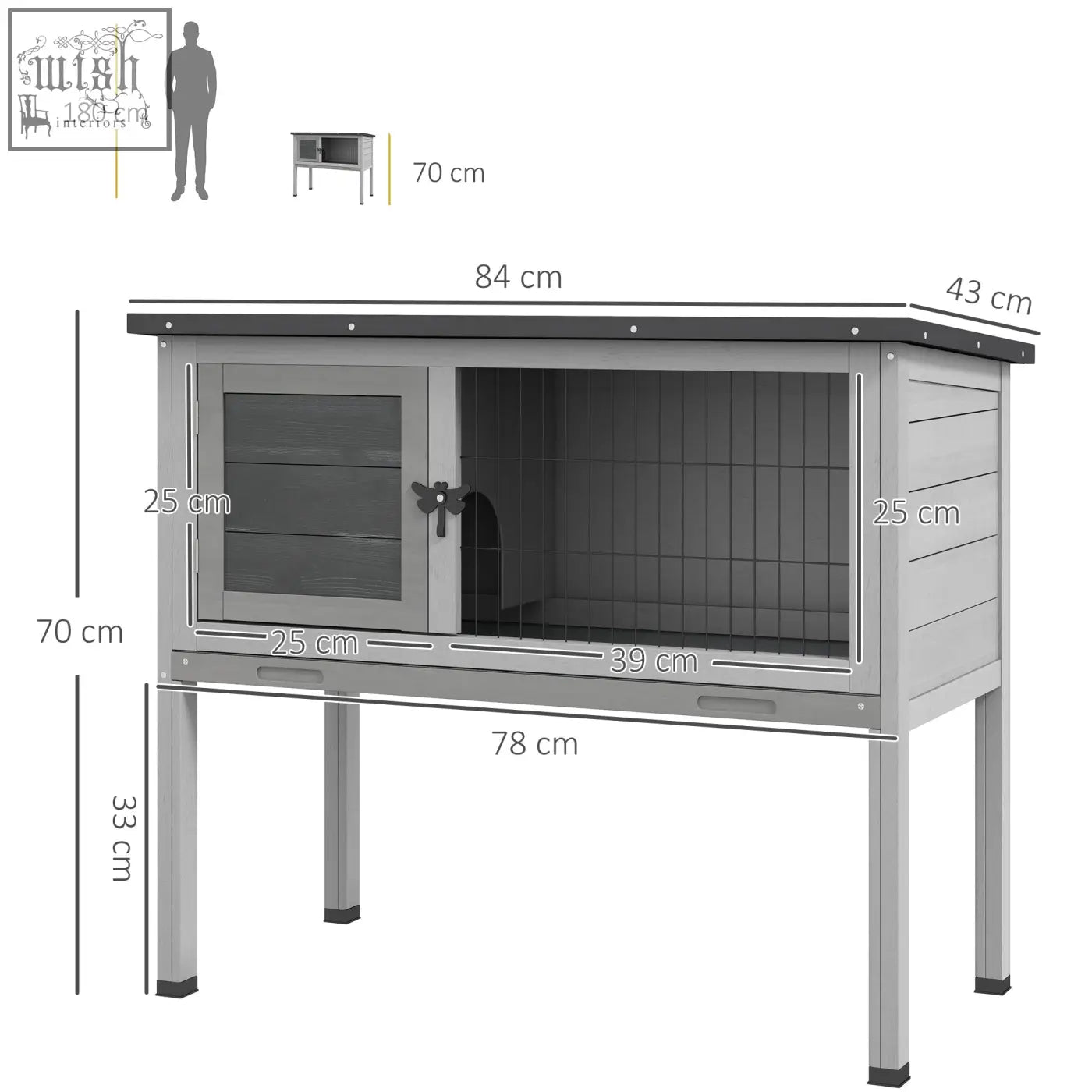 Gray plastic rabbit hutch with glass door and wire mesh interior for small animals featuring asphalt roof