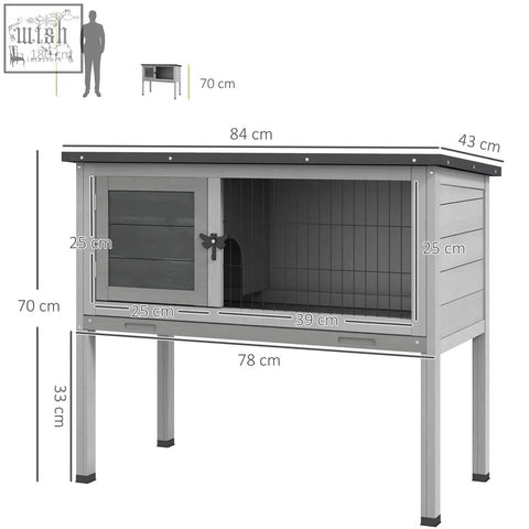 Gray plastic rabbit hutch with glass door and wire mesh interior for small animals featuring asphalt roof