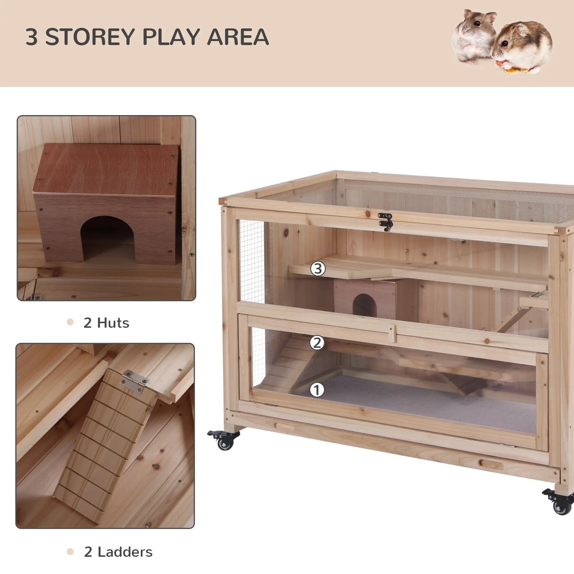 Pawhut wooden hamster cage in natural wood with three tiers two huts two openings and built-in ladder accessories
