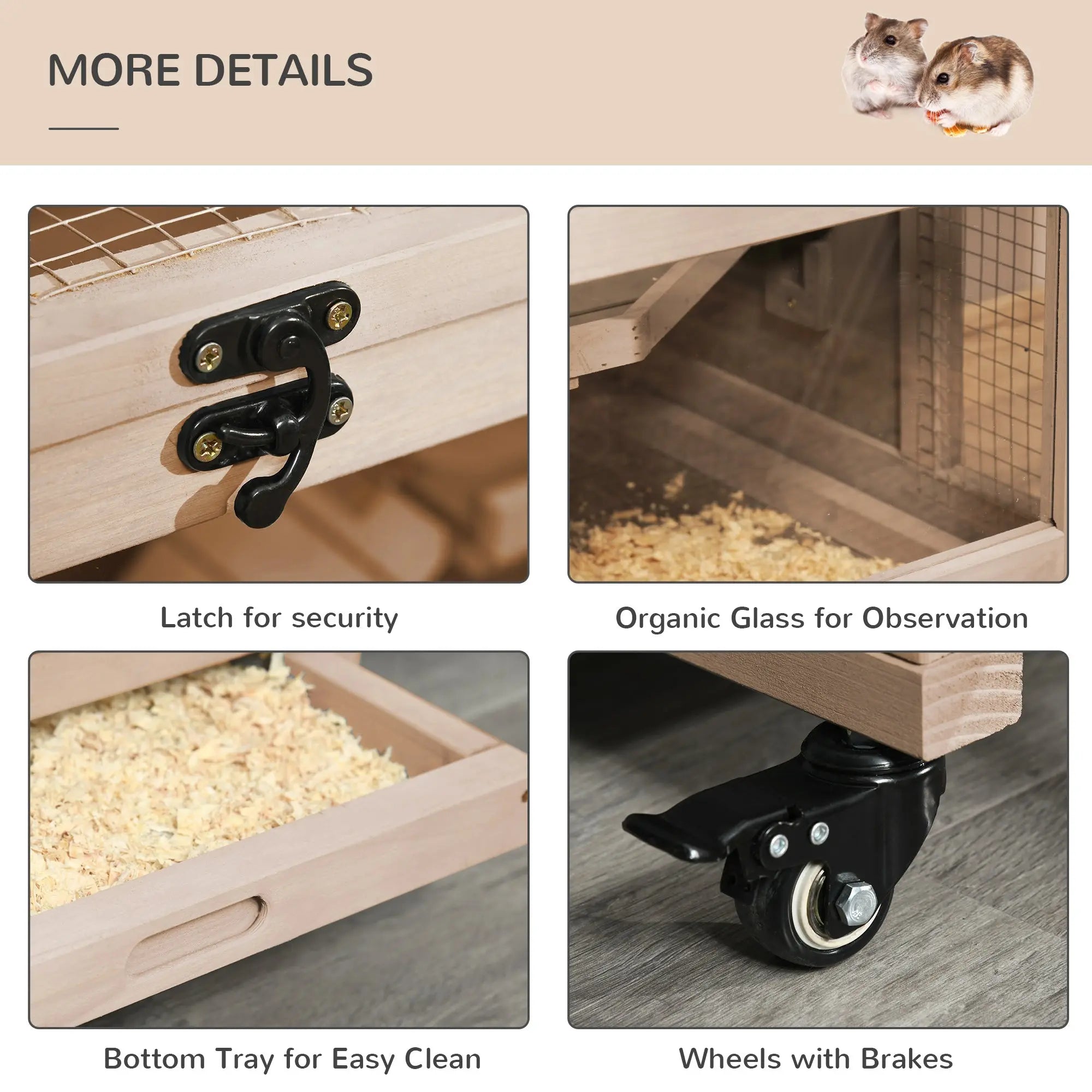 Light wooden pawhut hamster cage with two huts, two openings, black latch, glass panel, and wheeled base with brakes