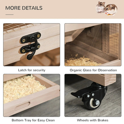 Light wooden pawhut hamster cage with two huts, two openings, black latch, glass panel, and wheeled base with brakes