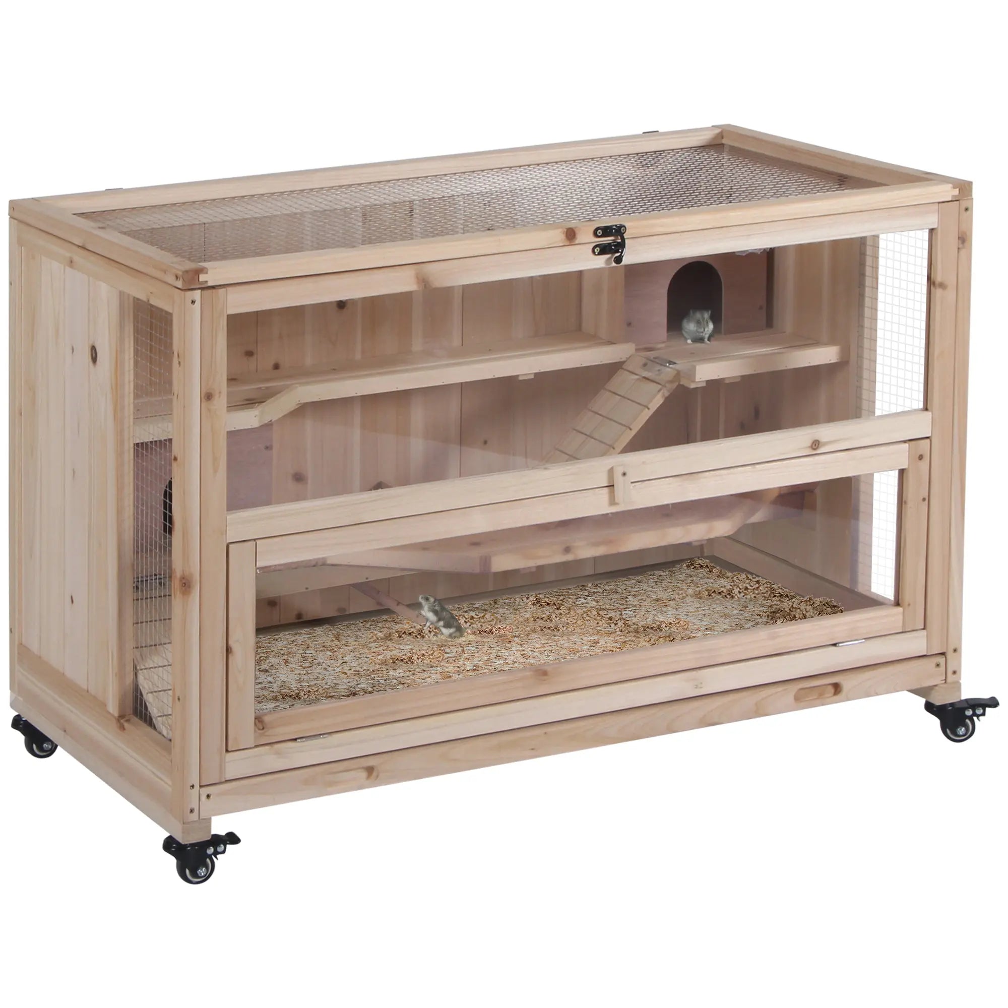 Light wooden pawhut hamster cage with mesh top two huts two openings wheels and bottom tray for small animals