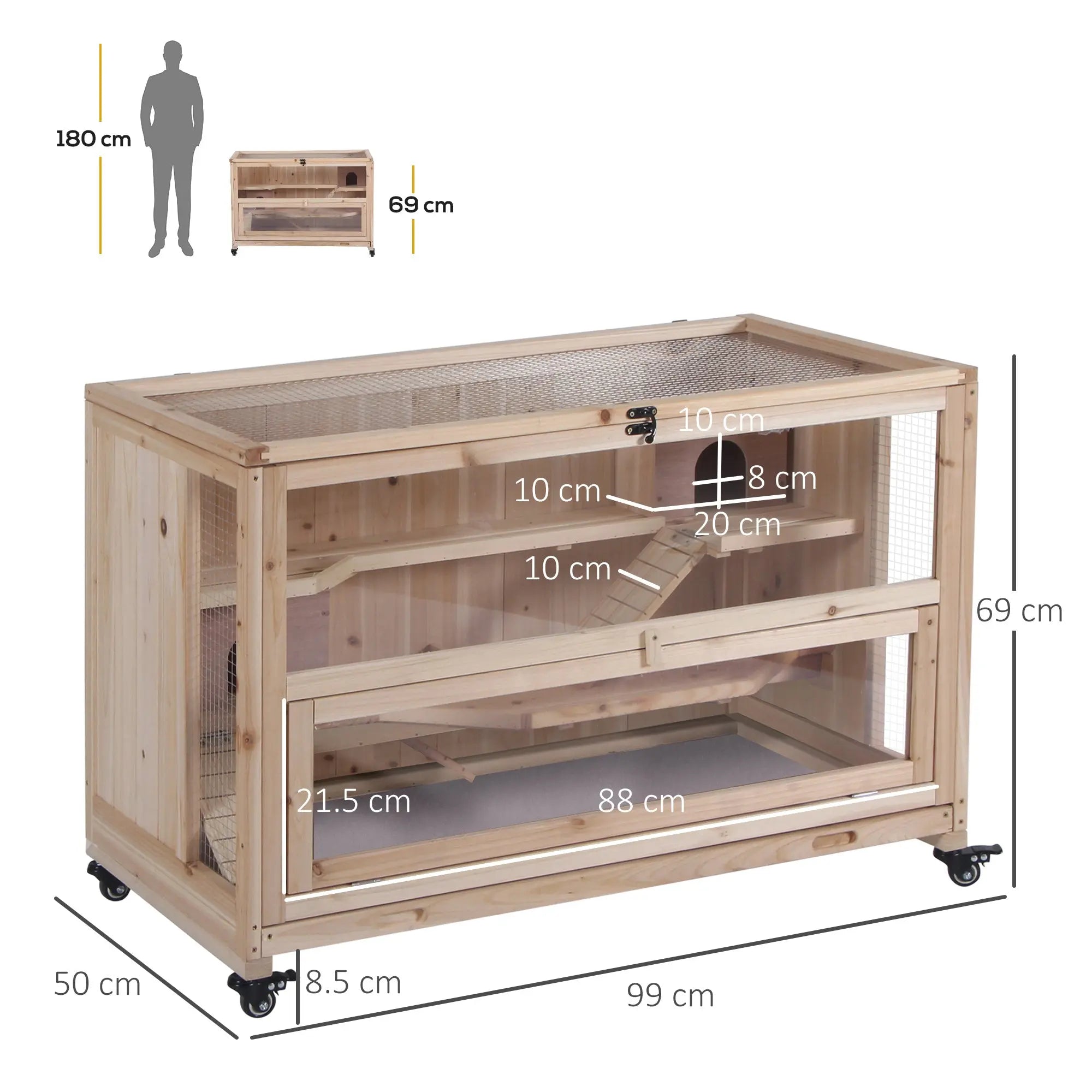 Light wooden pawhut hamster cage with mesh panels two huts two openings and multi-level interior with ramp