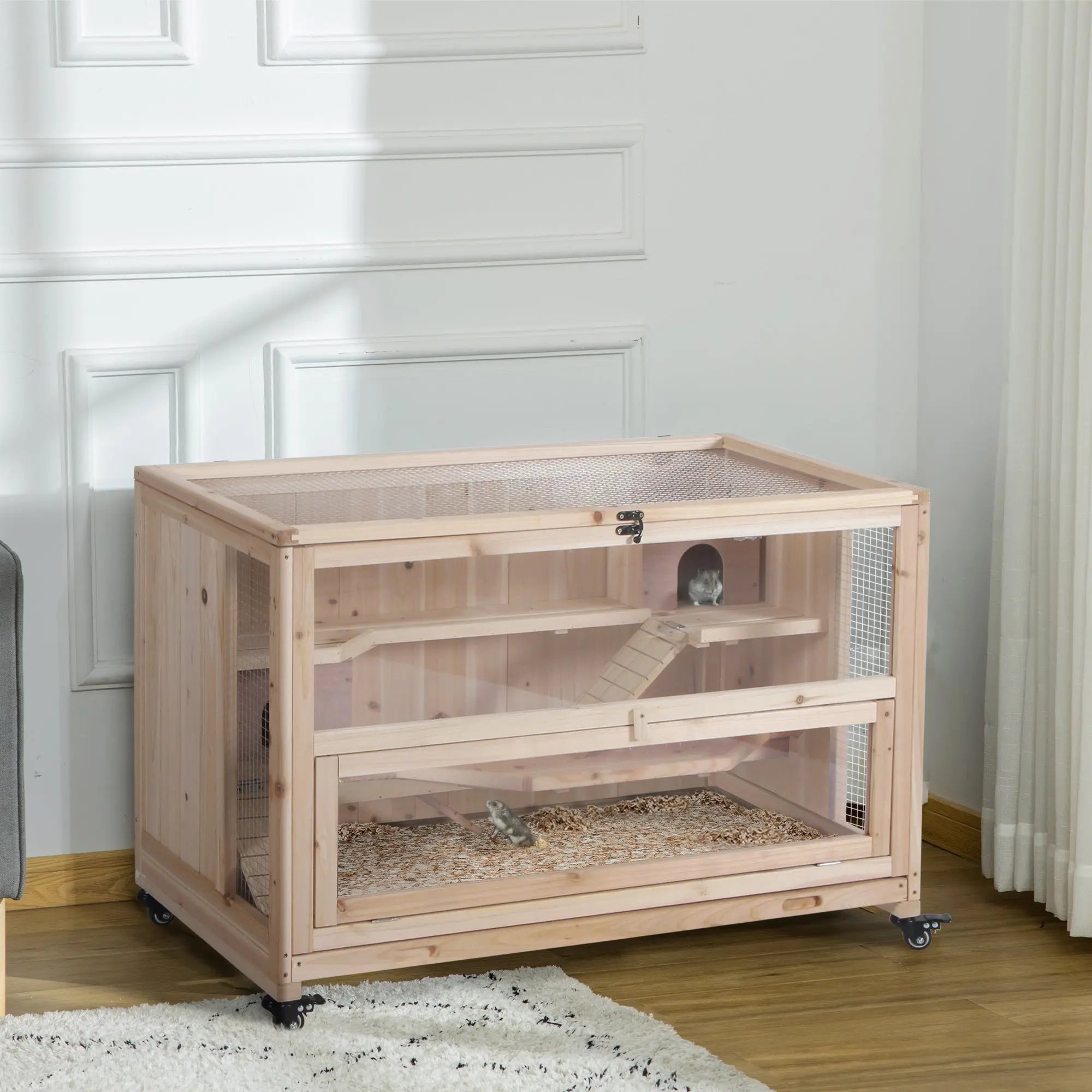 Light-colored wooden pawhut hamster cage with mesh panels two huts two openings and three tiers for small rodents