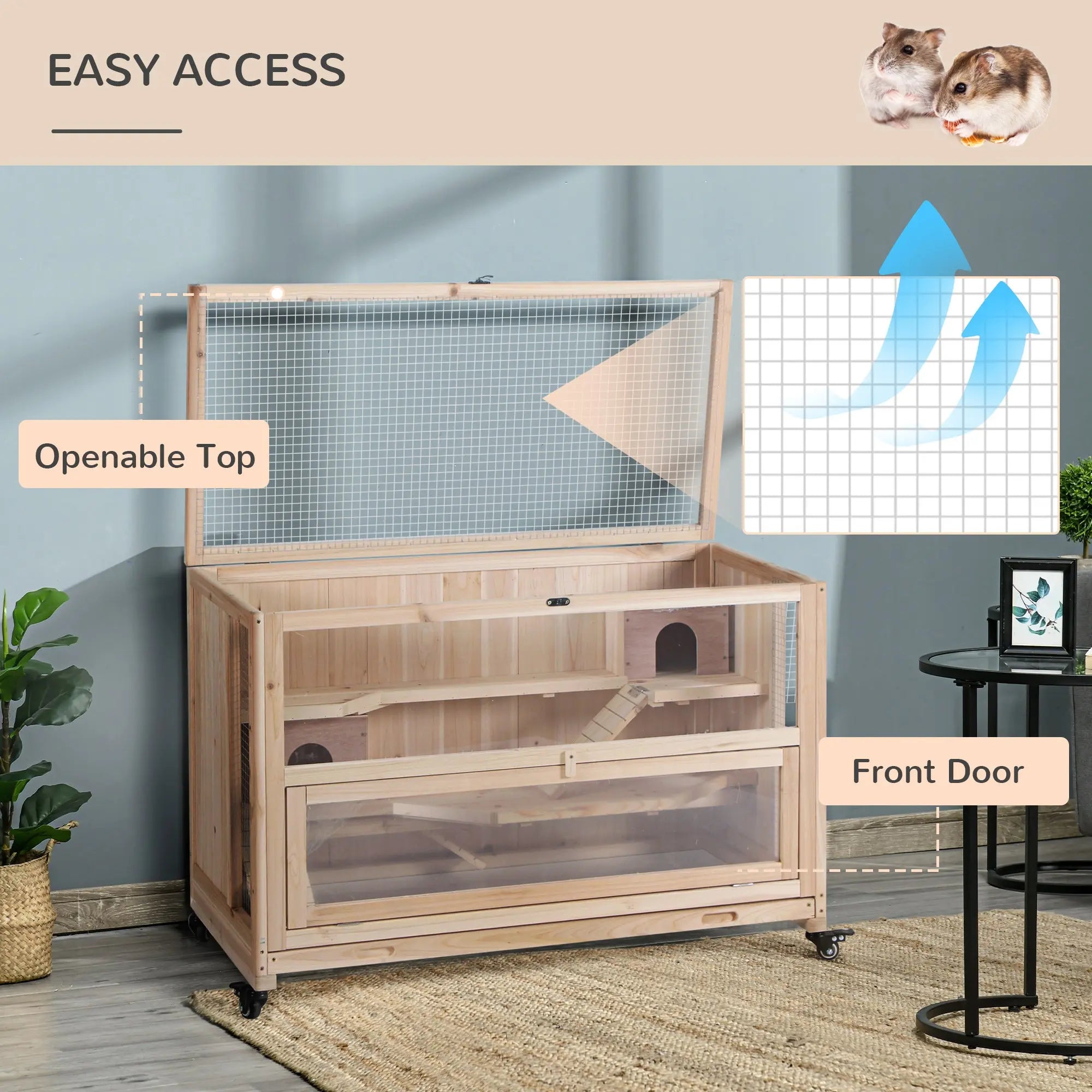 Pawhut wooden hamster cage in natural wood with two huts two openings mesh top and front door for small animals