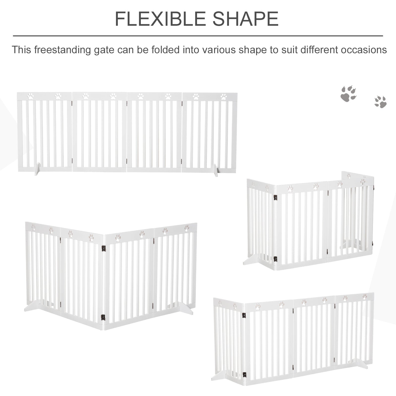 White wooden four panel foldable freestanding pet gate with paw print decorations for dog safety by PawHut