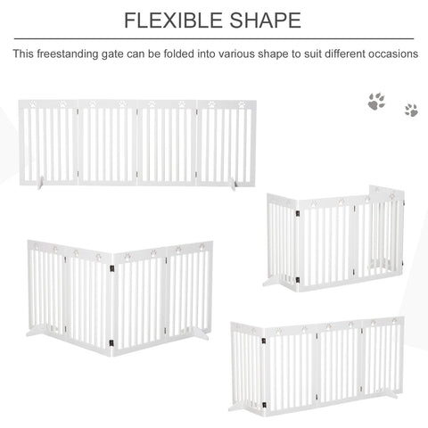 White wooden four panel foldable freestanding pet gate with paw print decorations for dog safety by PawHut