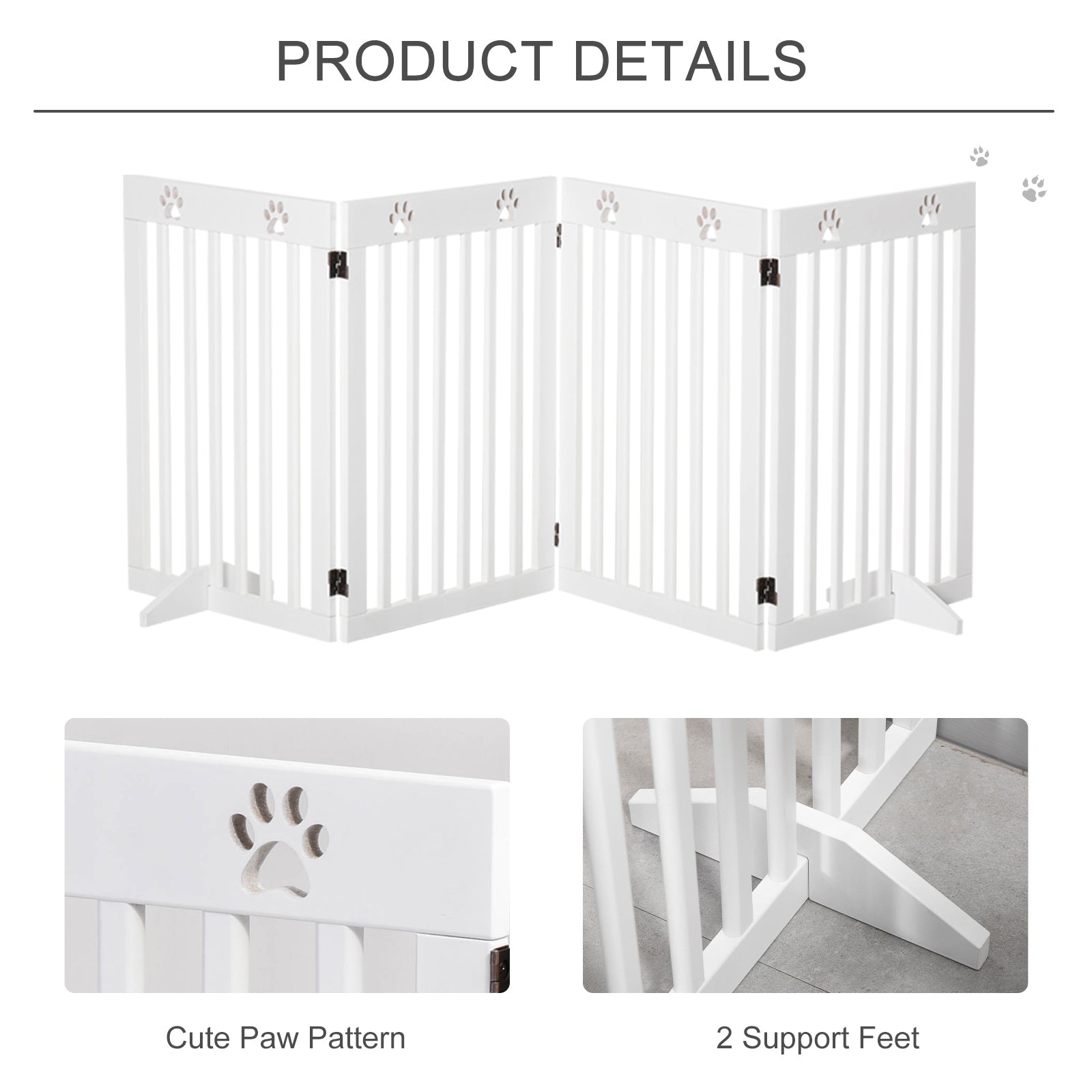White wooden pet gate with cute paw pattern and two support feet for foldable freestanding dog safety barrier