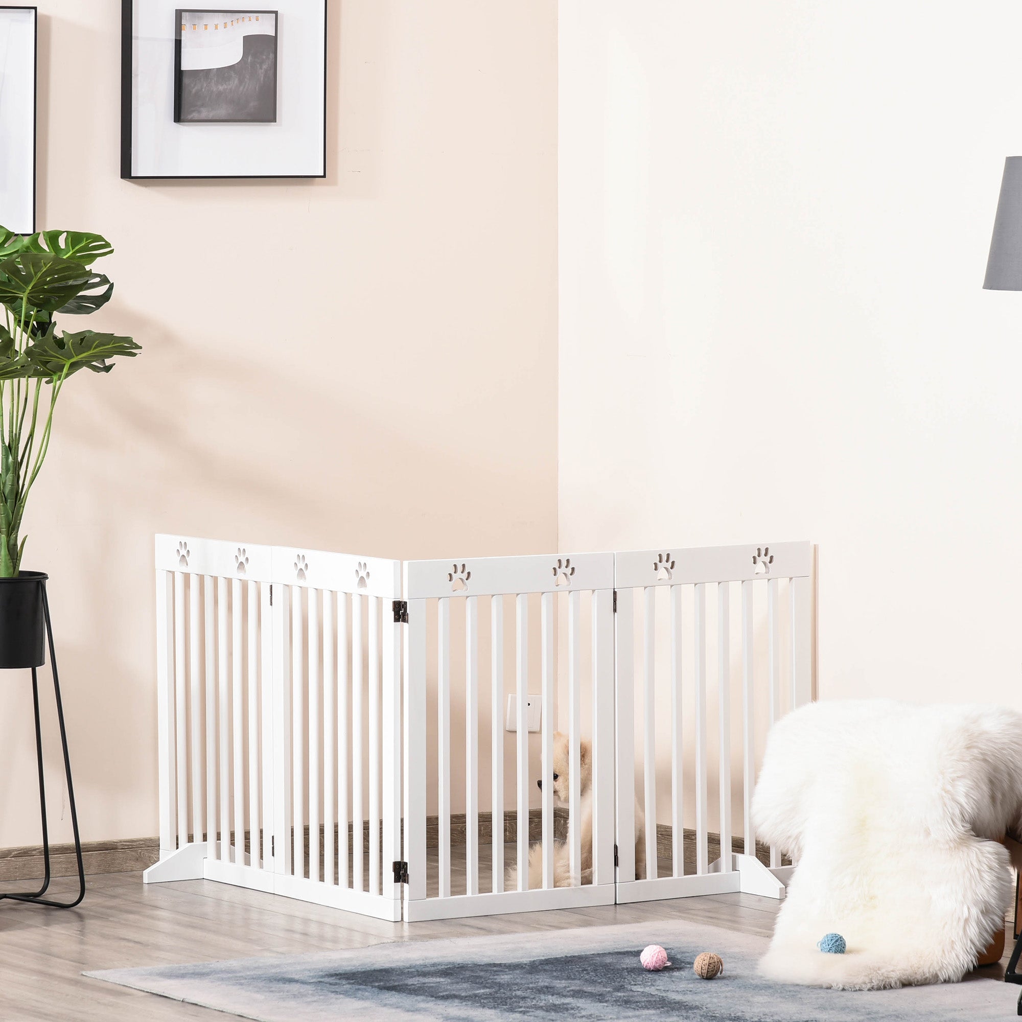 White plastic pet gate with paw print cutouts foldable freestanding dog safety barrier by PawHut