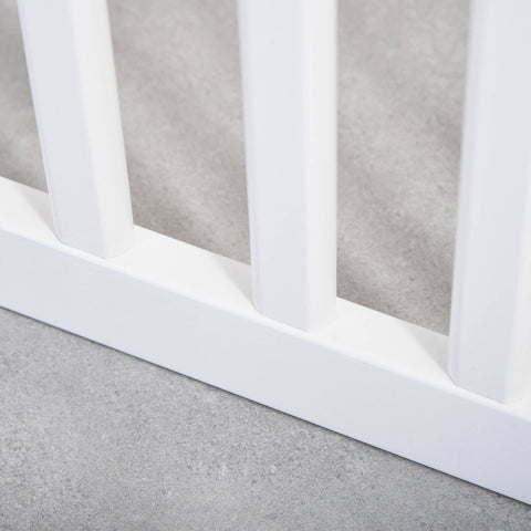 White plastic pet gate with vertical bars and rounded base for freestanding dog safety by pawhut