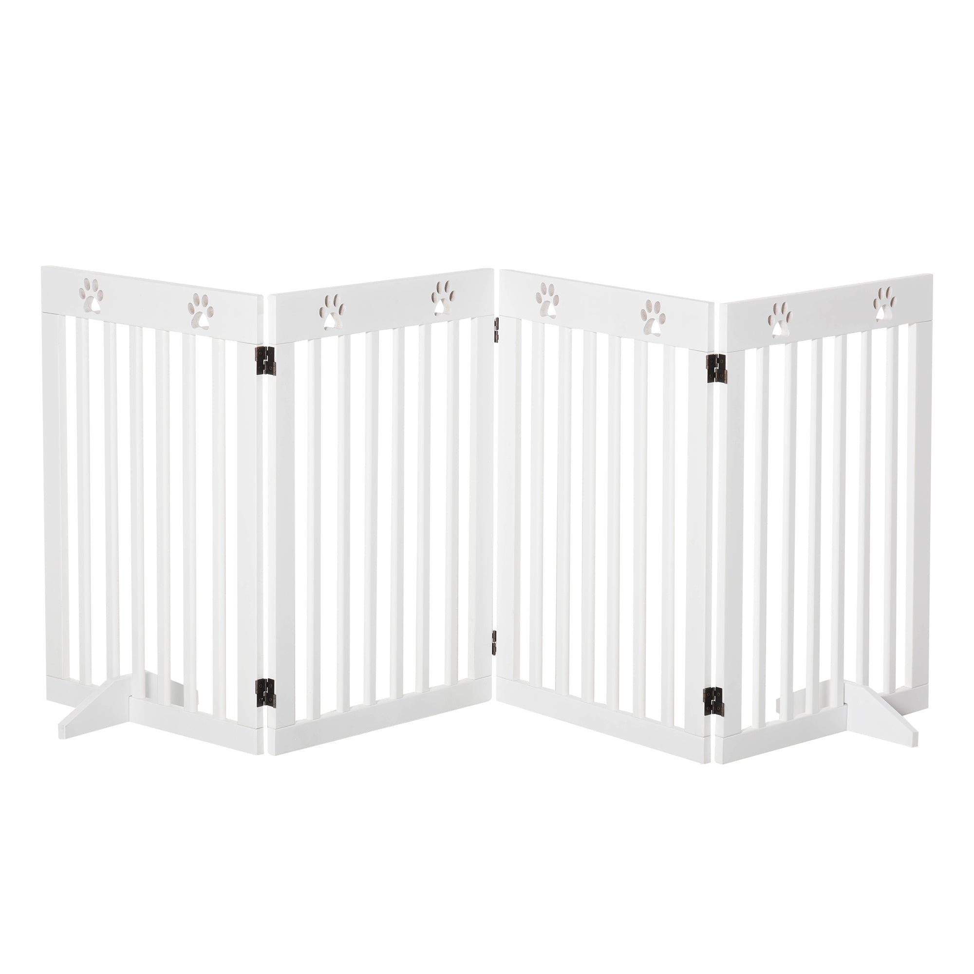 White foldable wooden pet gate with vertical slats and paw print cutouts for dog safety by pawhut