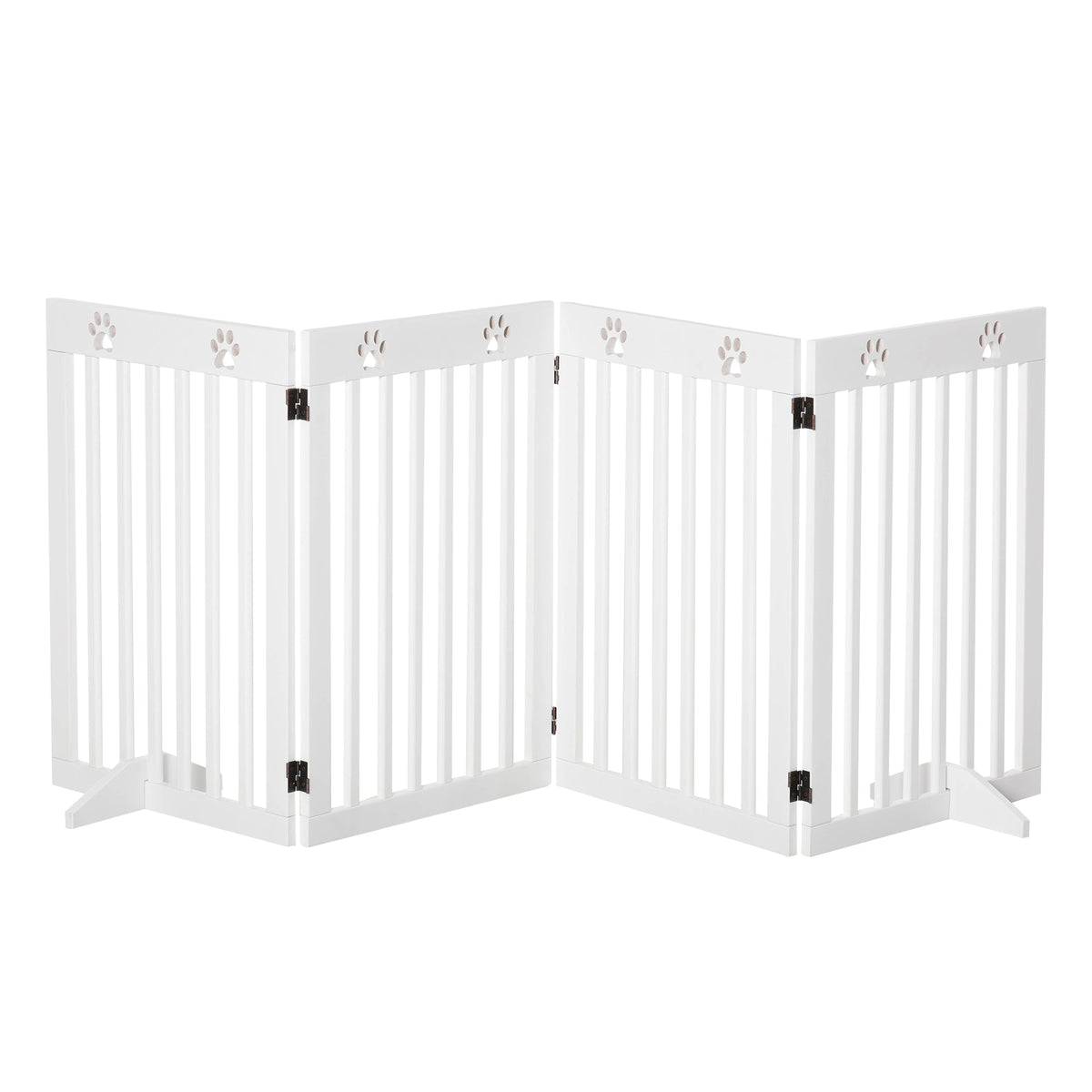 White foldable wooden pet gate with vertical slats and paw print cutouts for dog safety by pawhut