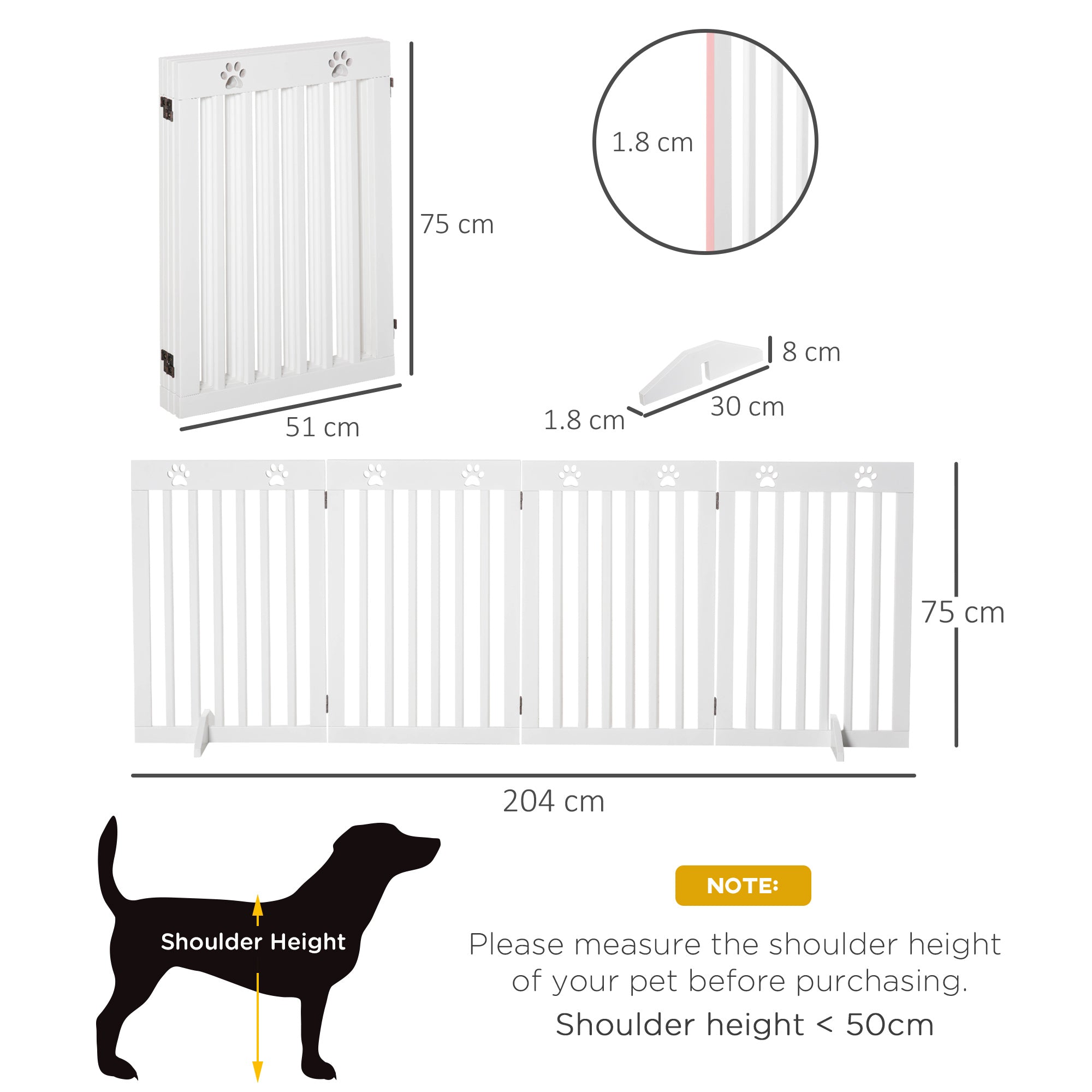 White wooden three-panel pet gate with paw print accents and support feet for dog safety barrier 75 cm tall