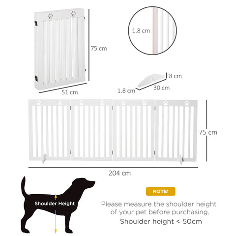 White wooden three-panel pet gate with paw print accents and support feet for dog safety barrier 75 cm tall
