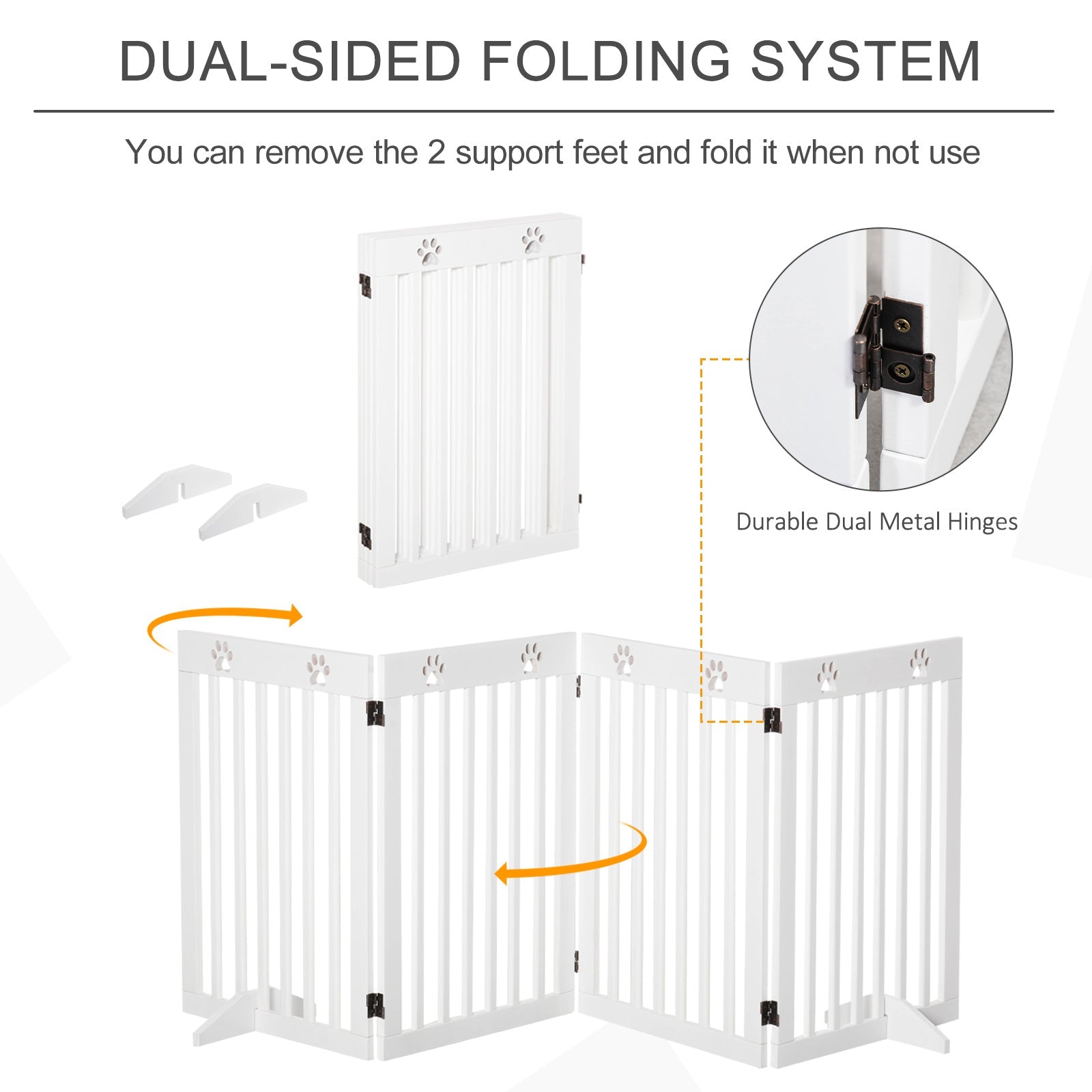 White wooden pet gate with paw print decorations and durable dual metal hinges for dog safety barrier