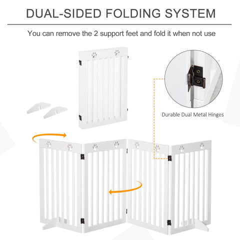 White wooden pet gate with paw print decorations and durable dual metal hinges for dog safety barrier