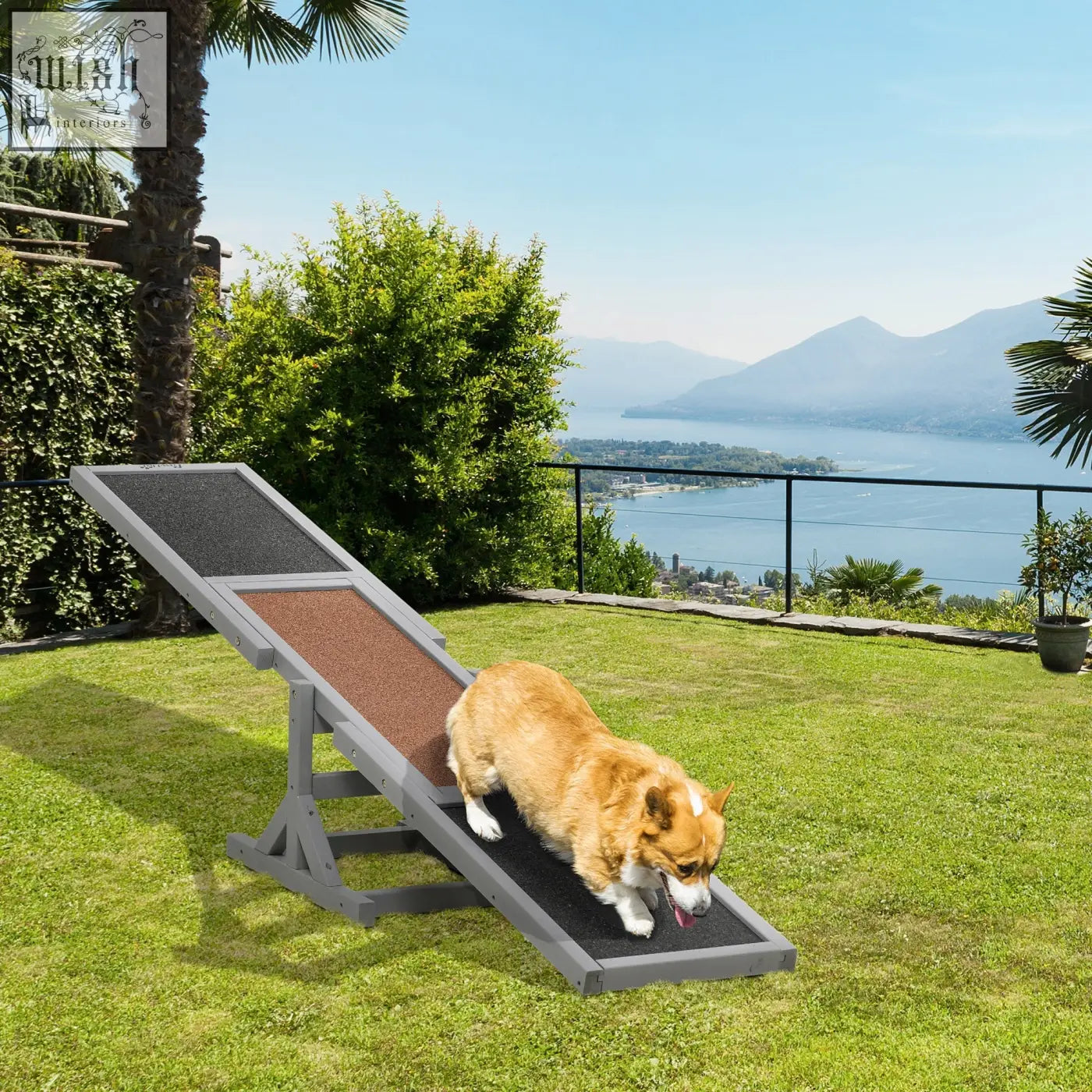 Gray fir wood pawhut wooden pet seesaw with textured black and brown non-slip surface for big dogs