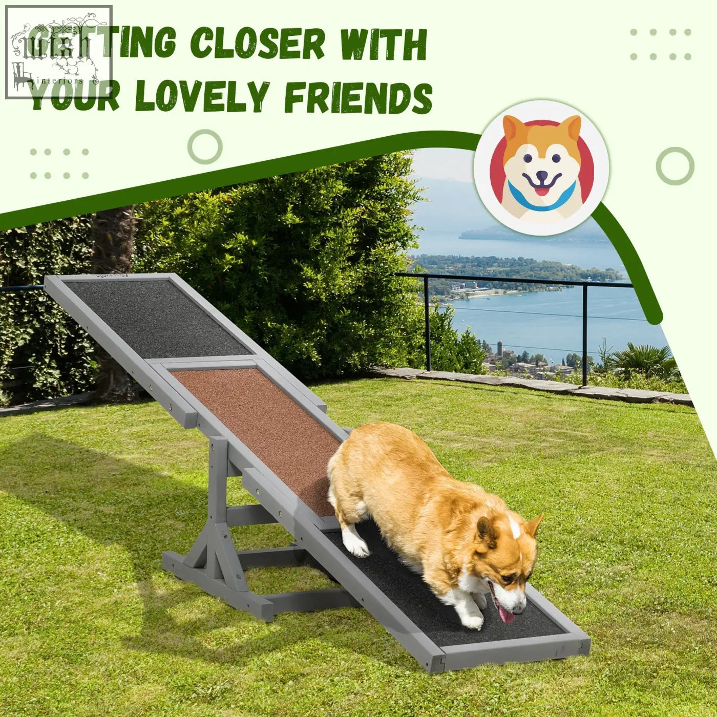 Gray metal dog ramp with textured brown and black anti slip surfaces from pawhut wooden pet seesaw for big dogs