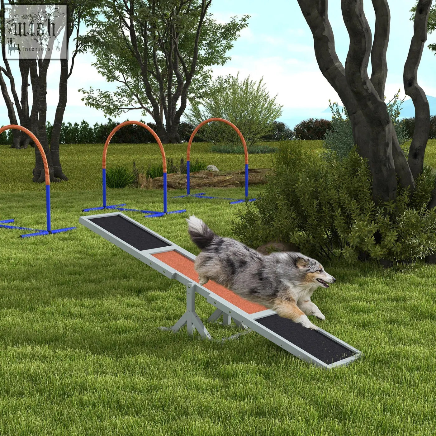 A gray and white australian shepherd leaps on a red and black pawhut wooden pet seesaw made of fir wood with anti slip surface