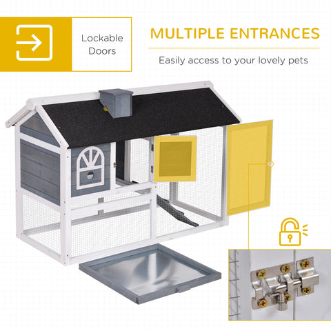 Gray and white wooden pawhut rabbit hutch with black roof yellow panel doors and easy access detachable metal tray run box size for 2-4 rabbits