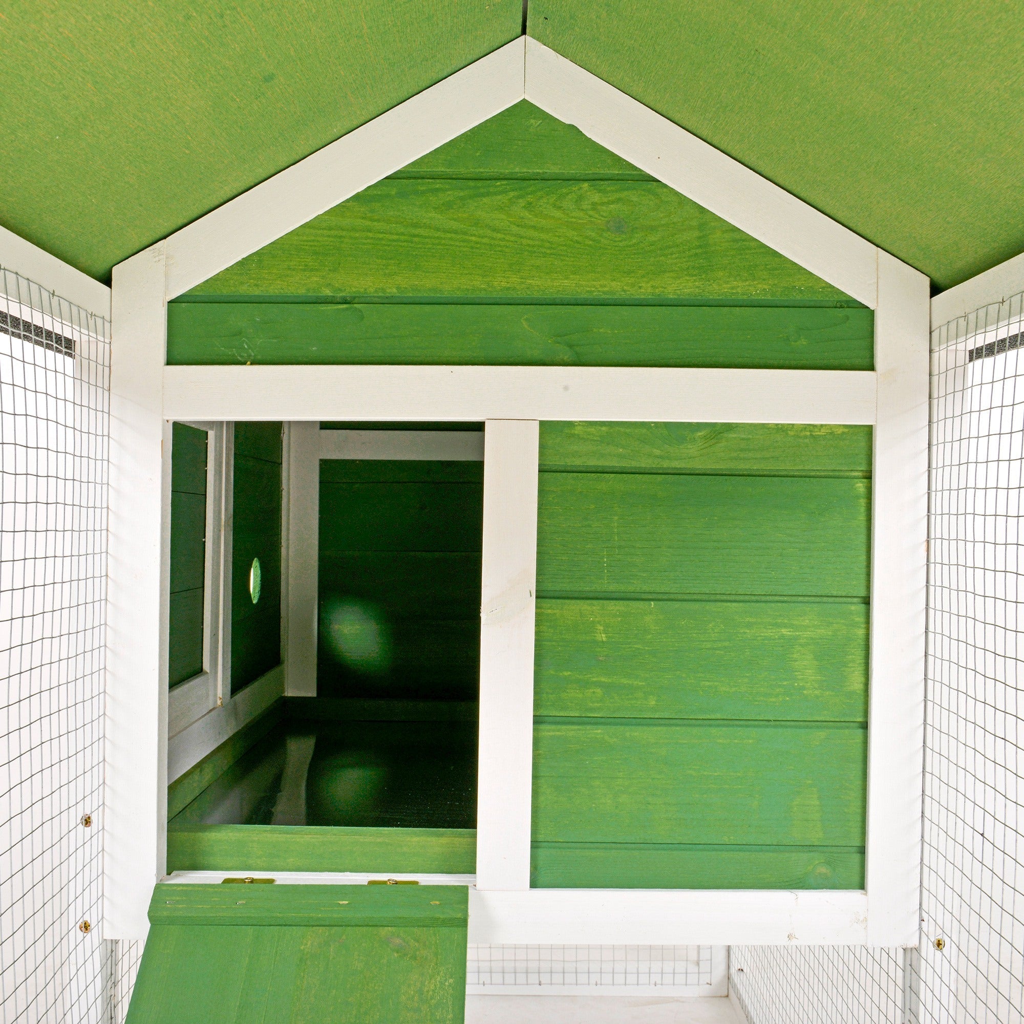 Green wooden pawhut rabbit hutch with white trim wire mesh sides run box size and easy access ramp for 2-4 rabbits