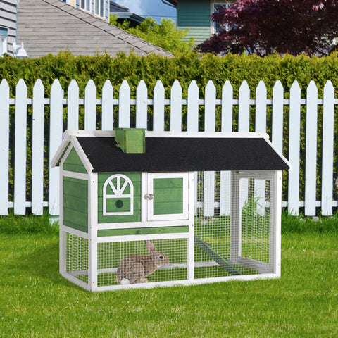 Green and white wooden pawhut rabbit hutch with black roof wire mesh sides and easy access run box size for 2-4 rabbits