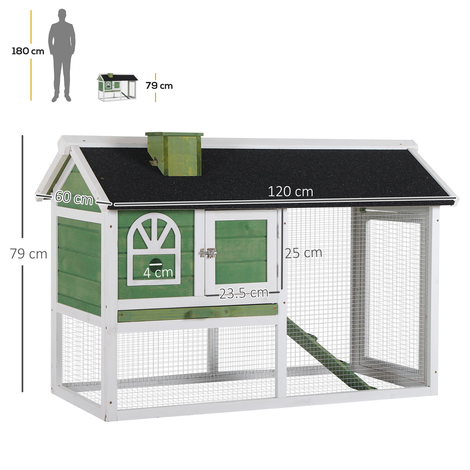 Green and white wooden pawhut rabbit hutch with black roof wire mesh sides easy access run box size for 2-4 rabbits