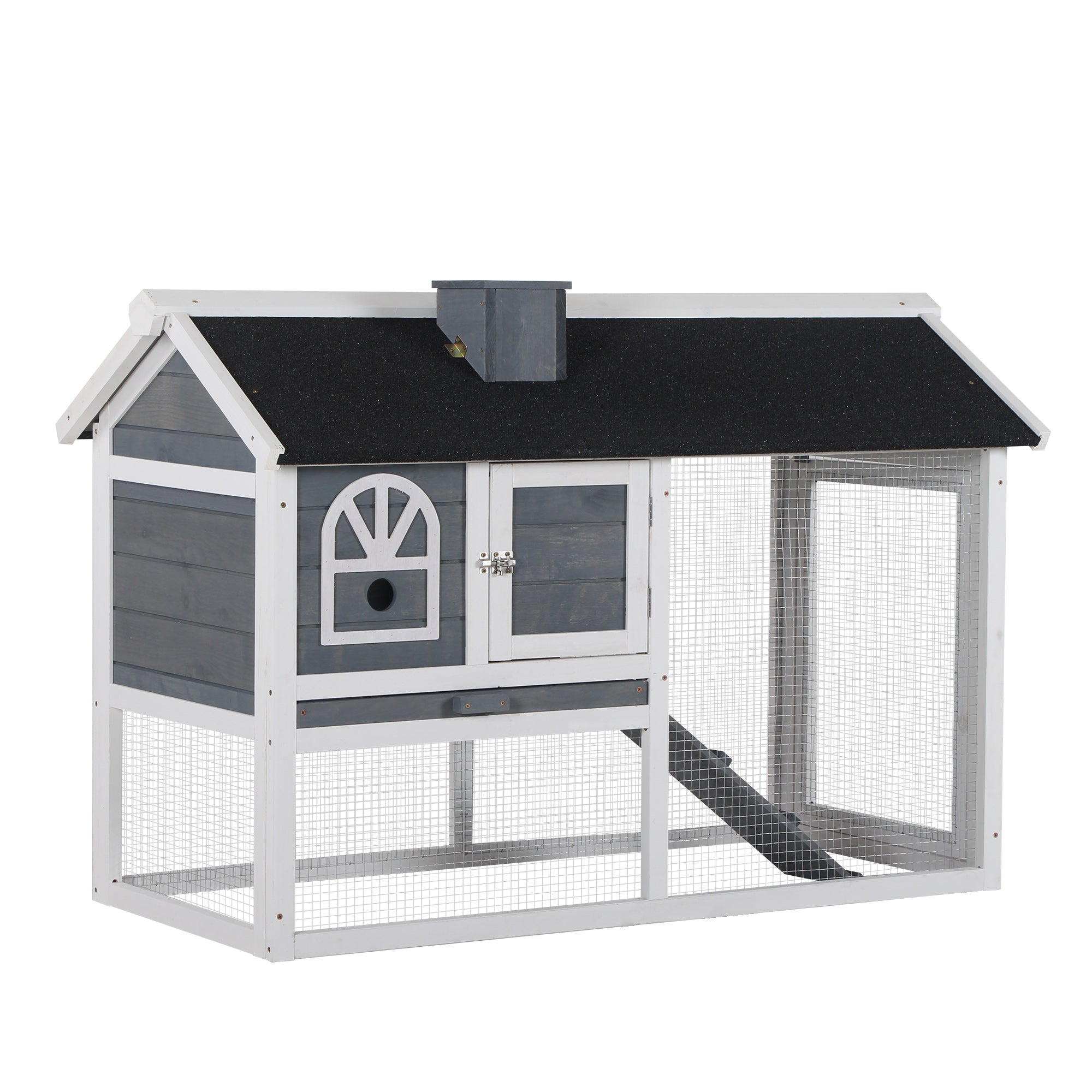 Gray and white wooden rabbit hutch with black roof, wire mesh sides, small window, and easy access run box size