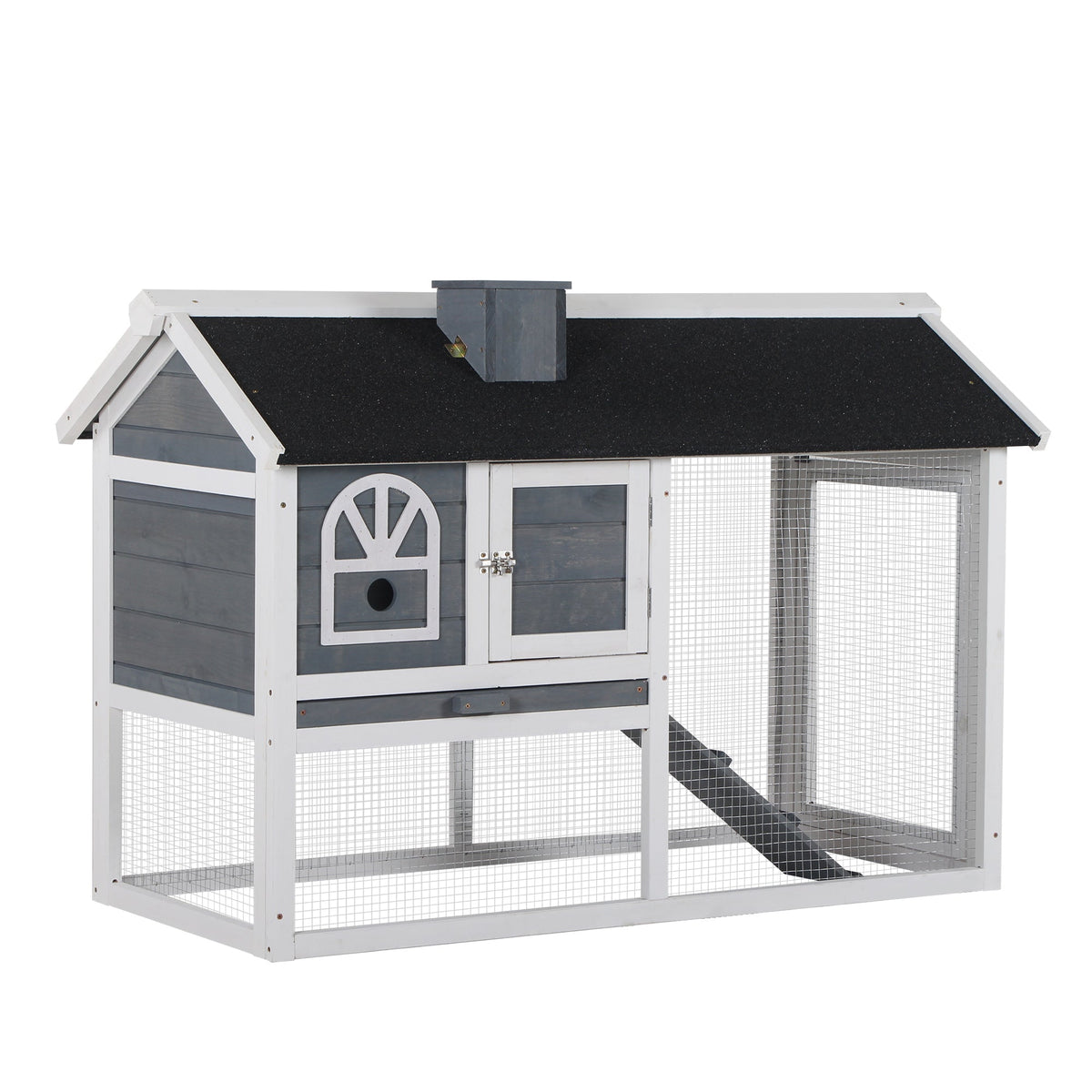 Gray and white wooden rabbit hutch with black roof, wire mesh sides, small window, and easy access run box size