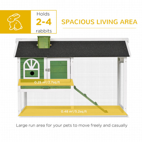 Green and white wooden pawhut rabbit hutch with black roof, green ramp, yellow floor, and easy access run box size
