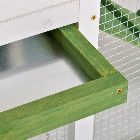 Green painted wooden shelf with visible grain and brass screws for pawhut rabbit hutch easy access and run box size