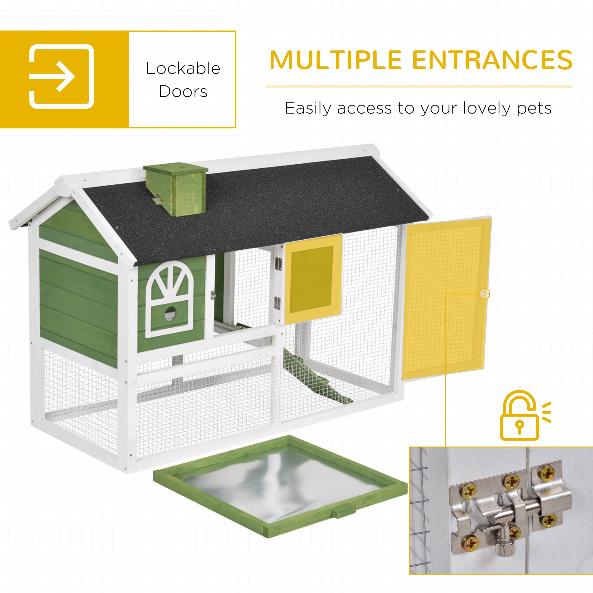 Green and white wooden pawhut rabbit hutch with black roof yellow doors detachable tray for easy access and run box size