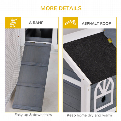 Gray and white pawhut wooden rabbit hutch with asphalt roof ramp entrance and easy access run box size for 2-4 rabbits