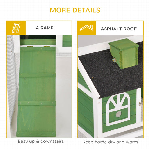 Green wooden rabbit hutch with white trim and asphalt roof featuring easy access and spacious run box size for 2-4 rabbits