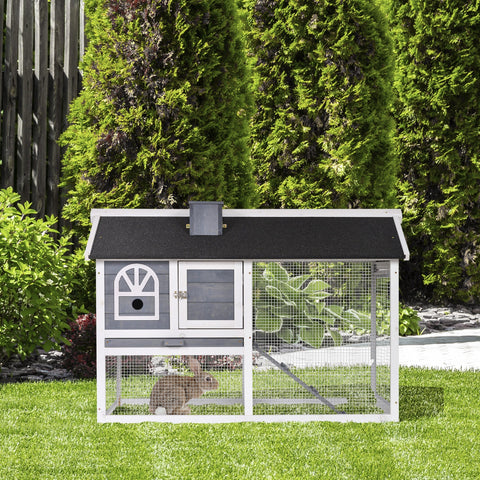 Gray and white wooden rabbit hutch with black roof and wire mesh sides featuring easy access and run box size for 2-4 rabbits