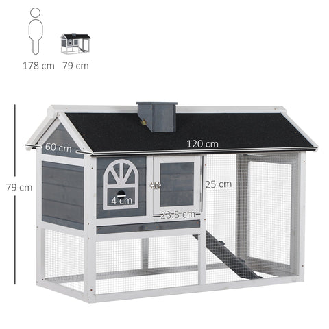 Gray and white wooden pawhut rabbit hutch with black roof and wire mesh sides featuring easy access and spacious run box size