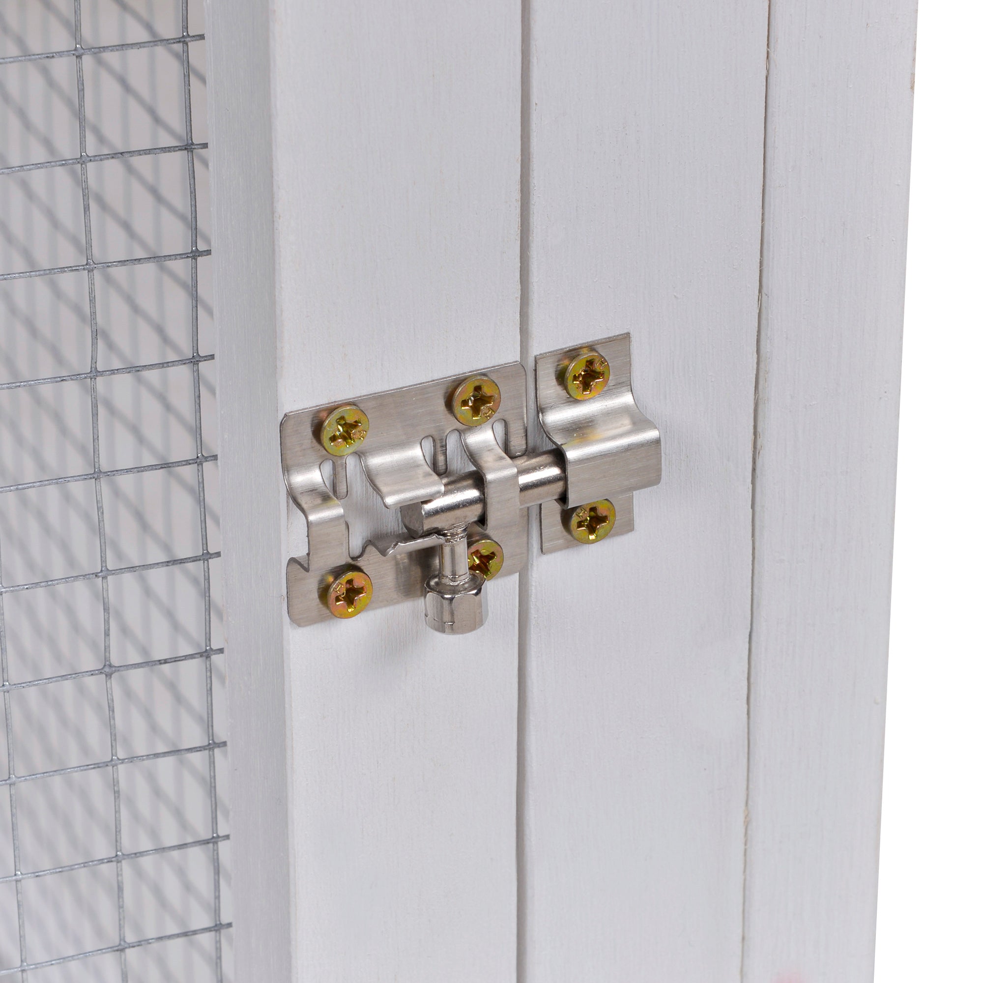 Silver-toned metal hasp latch with golden screws on grey pawhut wooden rabbit hutch for easy access and run box size security