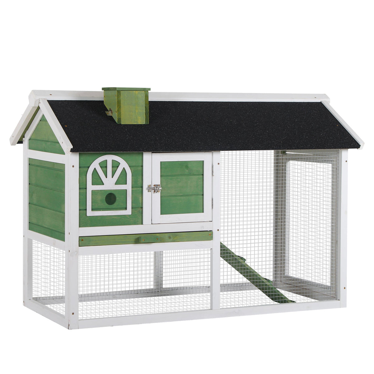 Green and white wooden pawhut rabbit hutch with black roof wire mesh sides and easy access run box size for 2-4 rabbits