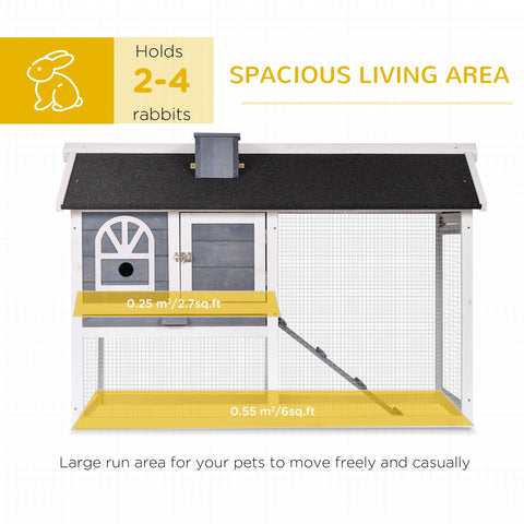 Pawhut wooden rabbit hutch in white and gray with black roof features easy access run box size and arched window
