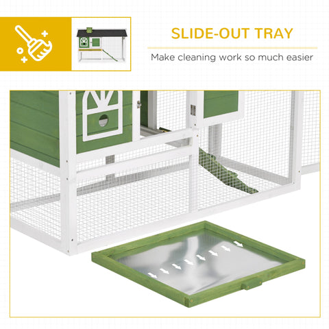 Green wooden slide-out tray with clear plastic liner for easy access and cleaning in pawhut rabbit hutch run box size