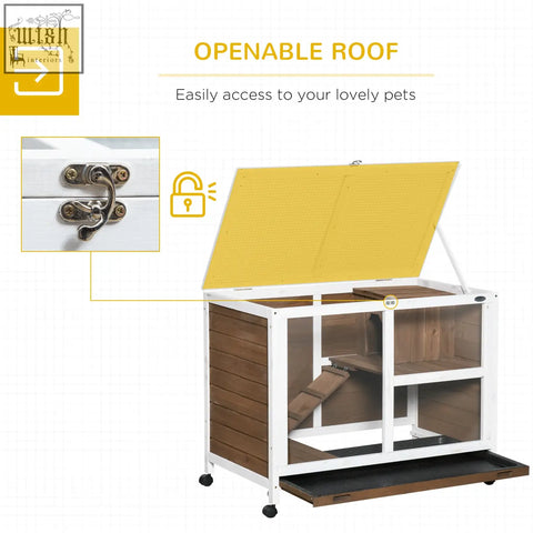 Pawhut wooden rabbit hutch with yellow openable roof, clear glass panels, black wheels, and brown wood frame
