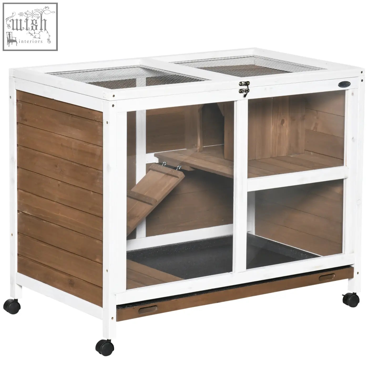 White and brown pawhut wooden rabbit hutch with glass panels metal mesh top openable roof and black caster wheels