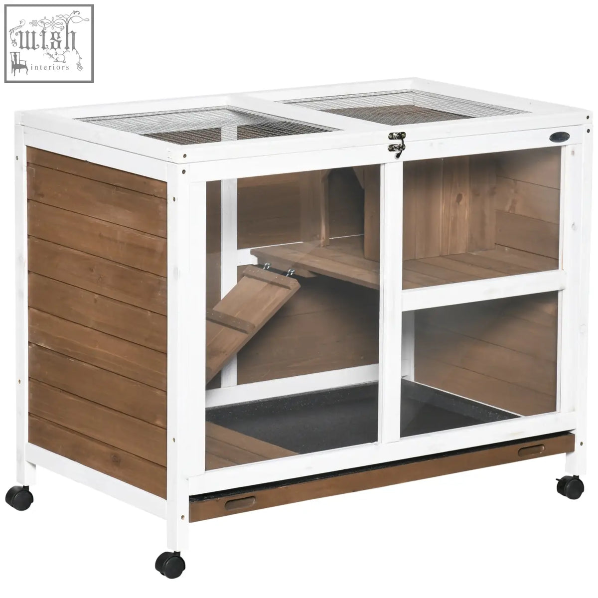 White and brown pawhut wooden rabbit hutch with glass panels metal mesh top openable roof and black caster wheels