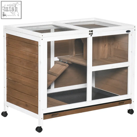 White and brown pawhut wooden rabbit hutch with glass panels metal mesh top openable roof and black caster wheels